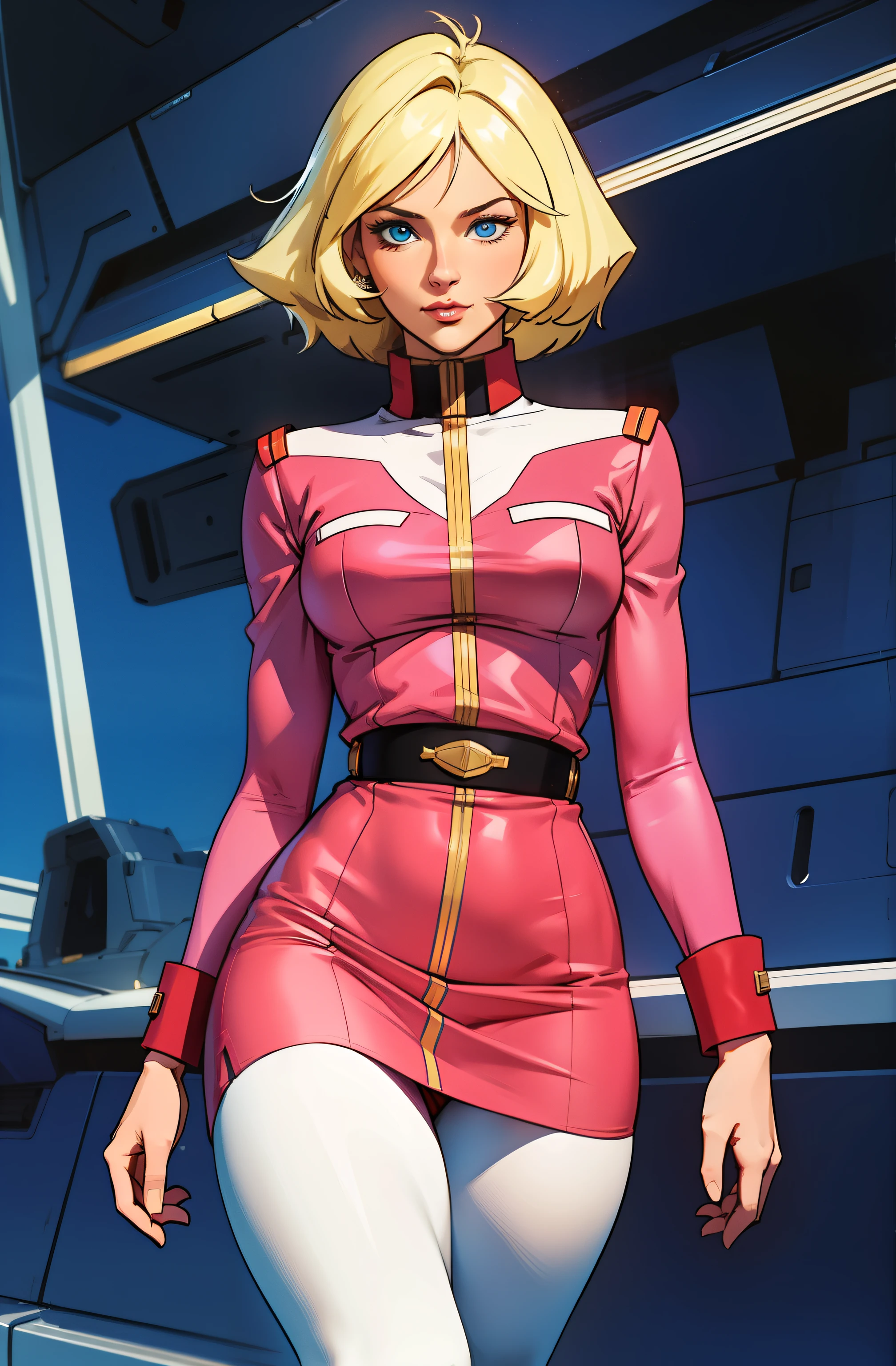 ((masterpiece)), ((cinematic lighting)), realistic photo、Real Images、Top image quality、1girl in, sayla mass, Elegant, masterpiece, Convoluted, slim arms, wide hips, thick thighs, thigh gaps, Best Quality, absurderes, high face detail, Perfect eyes, mature, Cowboy Shot, , Vibrant colors, soft pink uniform, soft pink Skirt, white tights