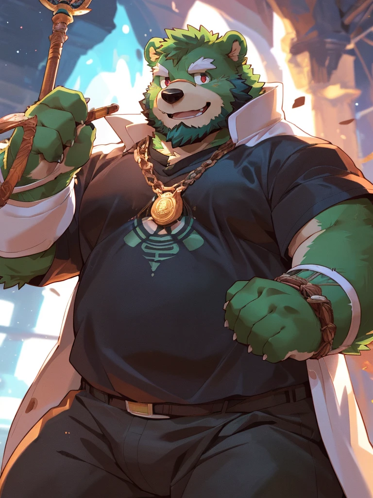 anthro, kemono, male, solo, ((round face, very plump face, thick beard)), (((dark beard))), ((endomorph body type, old-aged)), ((green bear, bear) fluffy fur, fluffy), (at old ruin, dungeons), bokeh, (high quality, highres, masterpiece), (dynamic lighting, vivid color), (generous smile), (face focus), front view (close up), cartoon, (((green bear))), (((green fur))), green hair, beard, white eyebrows, bald, detailed red eyes, tall, mage staff, magic, (black t-shirt inside), (((white unhooded trench coat ))), by zixiong, by takemoto arashi, by zixiong, (by null-ghost:0.8), (by t.y.stars:0.4)
