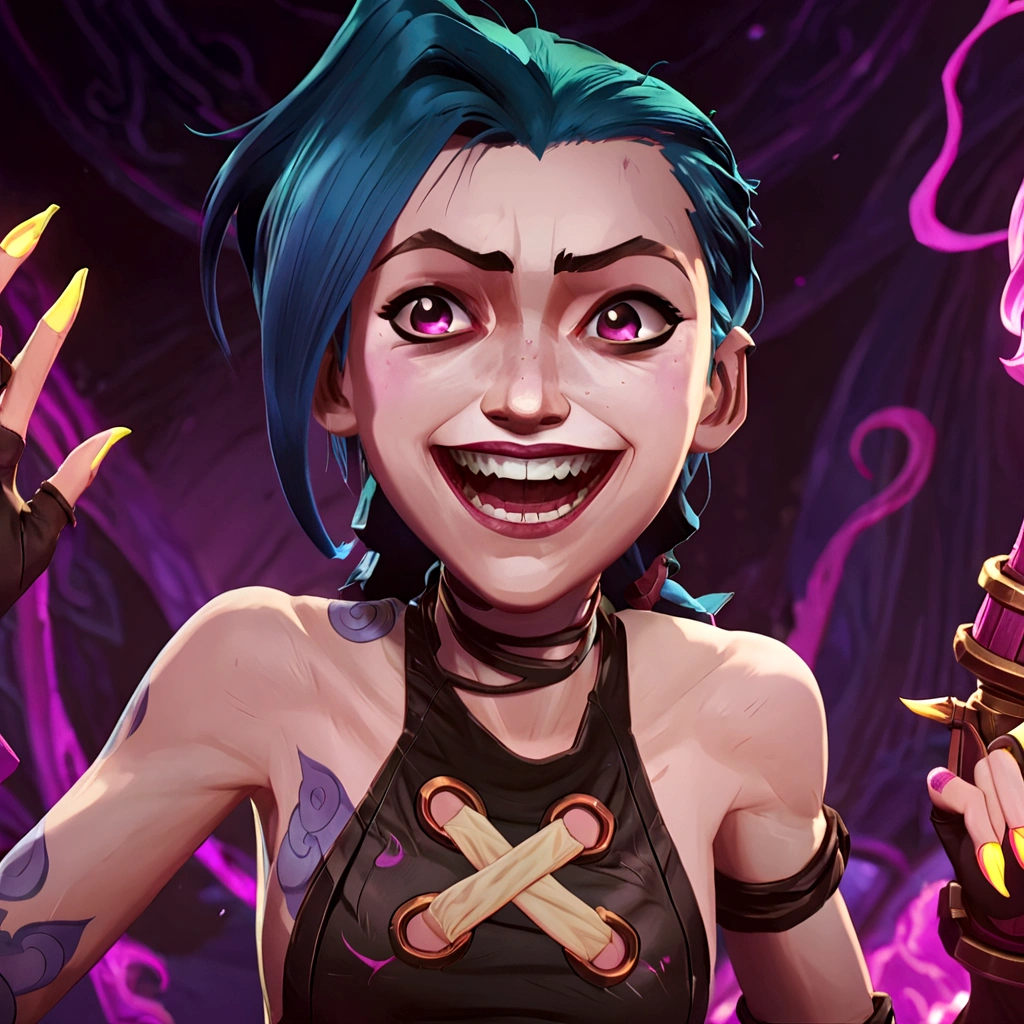 Jinx from league of legends in an action pose with a maniacal grin