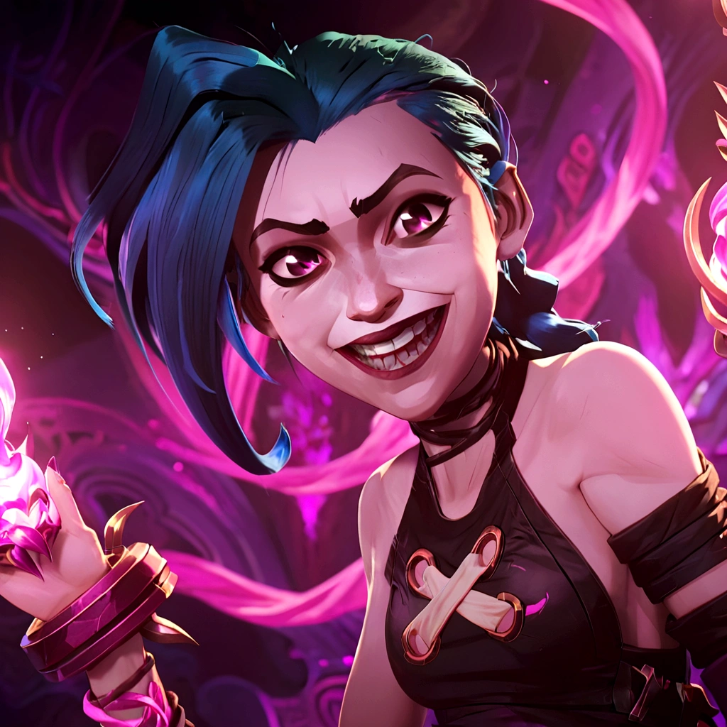 Jinx from league of legends in an action pose with a maniacal grin