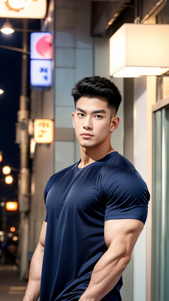 korea male male model, big muscles, handsome, cool, smoothly combed hair, pierced ears, wearing a t-shirt navy top, holding a lollipop, portraiture, modeling, dynamic pose, Japanese street, late at night, store lights trade, full half body shot