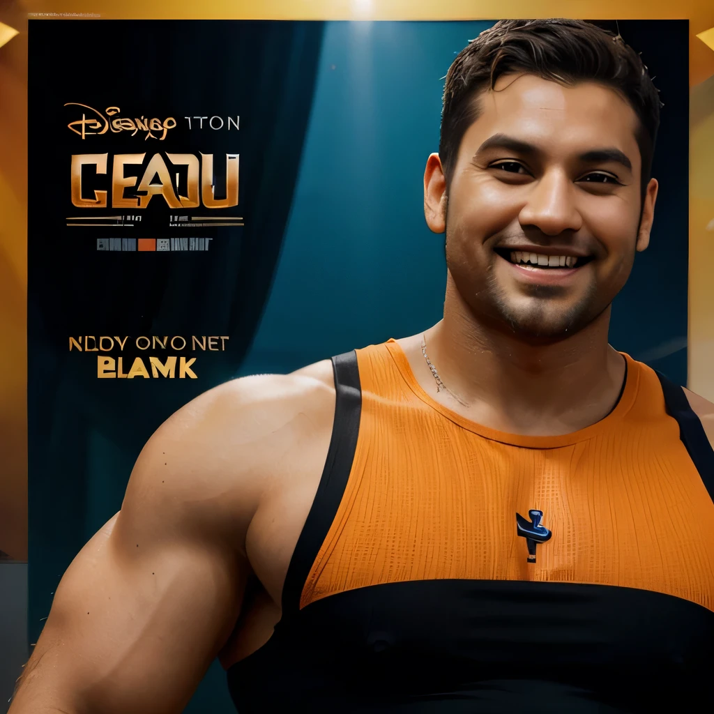 Disney Pixar-inspired movie poster with title [Cadu]. [ 30-years-old young good looking man,
with a orange color ribbed tank top, a silly smile on his face, a
dark blown hair haircut, well-shaped and defined dark brown beard, black colored eyes and eyebrows, he has
also light-skin skin and a big muscle body]