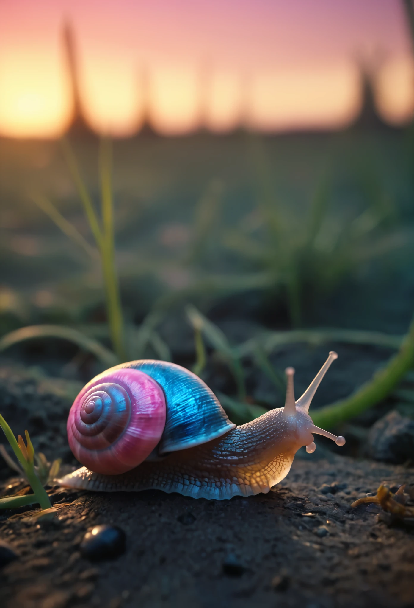 subsurface scattering, small Garald Betram Snail closeup, Neon Pink/Blue sss snail, Gary from SpongeBob infront of Sunset, ,
atmospheric haze, Film grain, cinematic film still, shallow depth of field, highly detailed, high budget, cinemascope, moody, epic, OverallDetail, 2000s vintage RAW photo, photorealistic, candid camera, color graded cinematic, atmospheric lighting, imperfections, natural, shallow dof