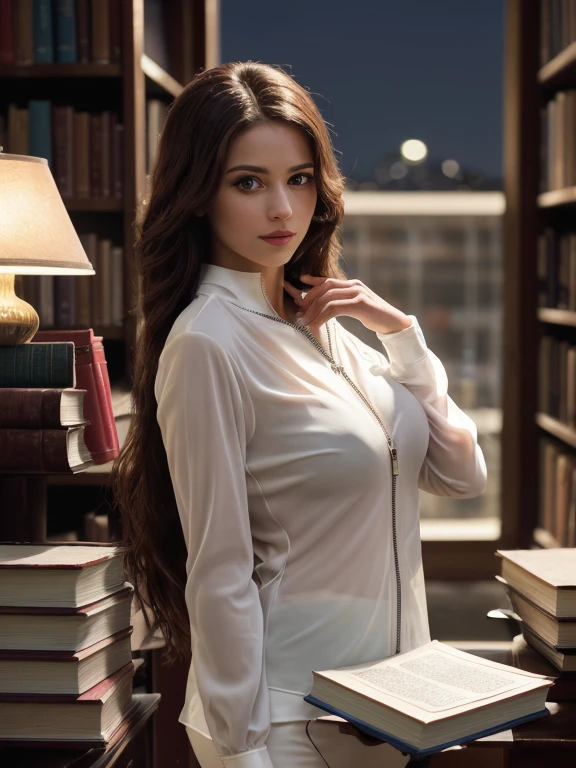 girl bring a pile of book, BREAK, 1girl, (see-through zipper white blouse:1.2), detailed face, (holding pile of book:1.2), very long hair, absurdly long hair, standing, inside library, looking at viewer, beautiful girl, brown skin, platinum red hair, purple eyes, smirk, (dramatic light, cinematic scene:1.2), (night:1.2), cleavage, dynamic angle, 