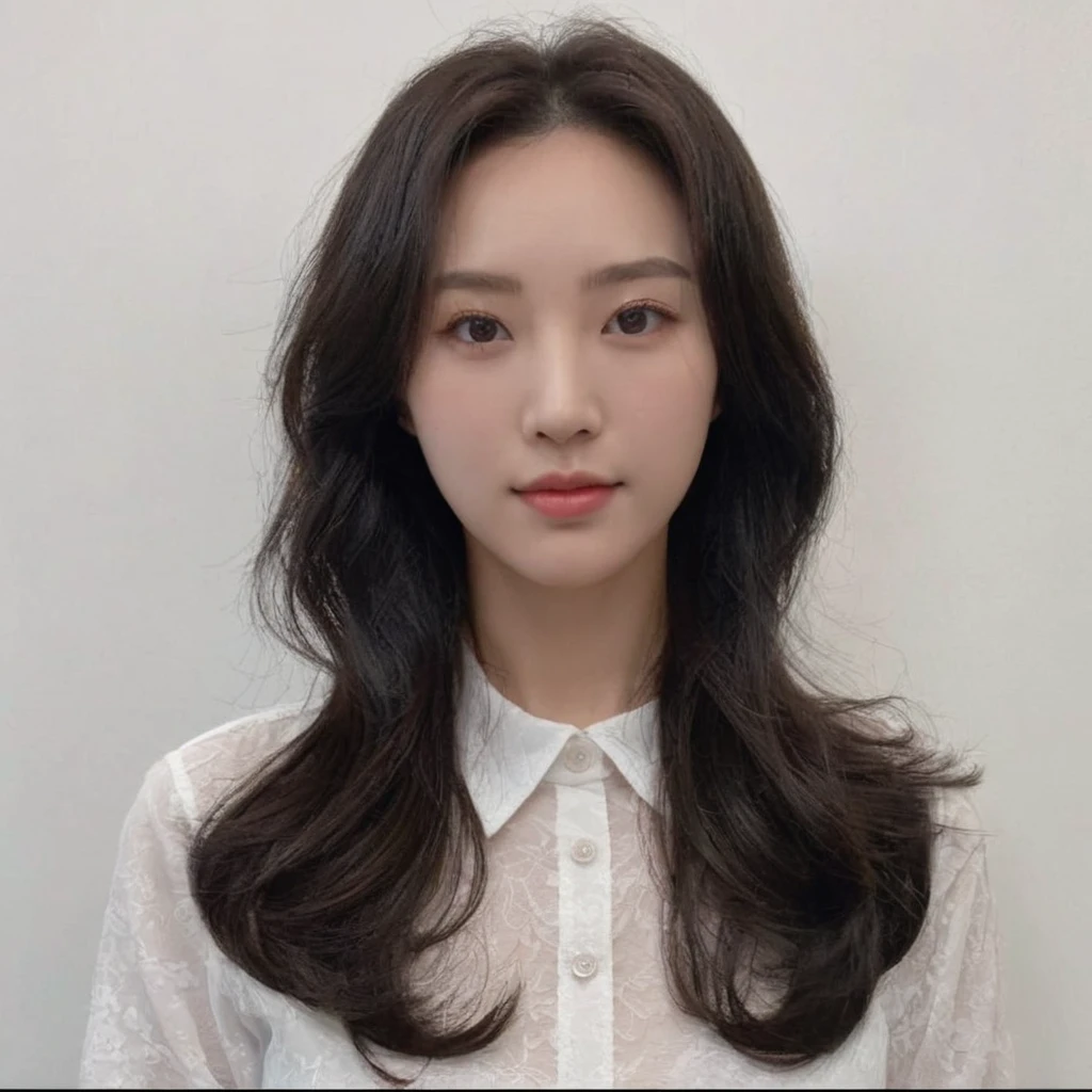 Best Quality, 8k, Masterpiece, (Portrait: 1.3), (photo realistic:1.4), (hyper realistic:1.4), Sharp Focus, looking at viewer, (smoother lighting:1.1), (increase cinematic lighting quality:0.9), realistic lighting, backlighting, light on face, ray trace, (brightening light:1.2), (Increase quality:1.4), sharp detail, (best quality real texture skin:1.4), finely detailed eyes, black_eyes, finely detailed face, 25 year old Korean woman, (white formal_shirt:1.4), (Create an image maintaining the original base model hairstyle:1.5)
