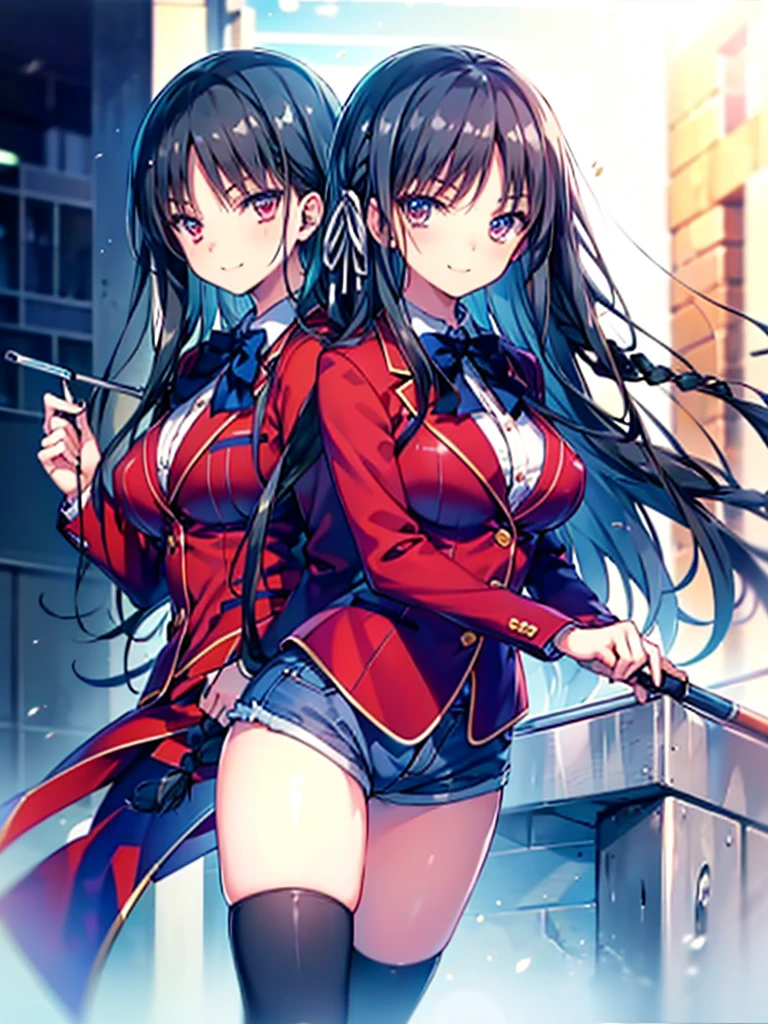 (8K, Highest quality, Highest quality, masterpiece), aasuzune, long hair, black hair, (single braid:1.2), hair ribbon, red jacket, blazer, blue bowtie, long sleeves, black thighhighs, smile, denim hot shorts, mini shorts, big breasts