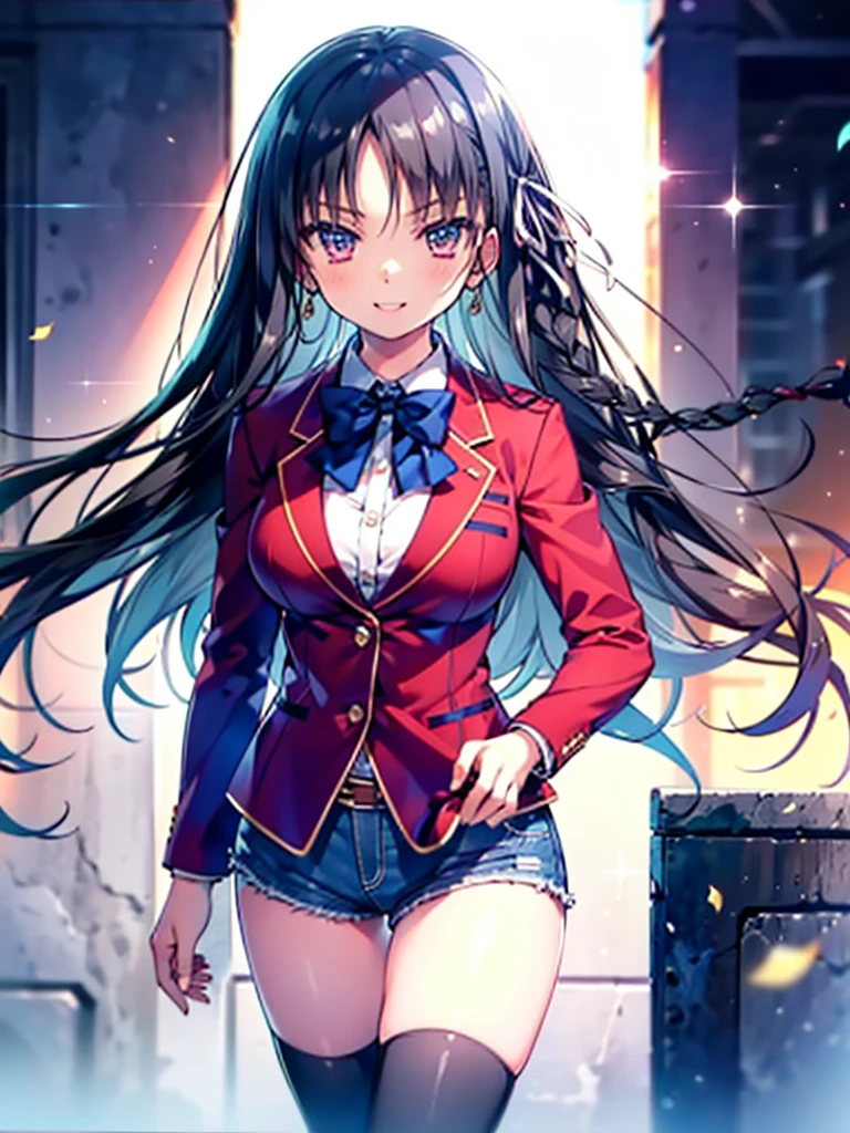 (8K, Highest quality, Highest quality, masterpiece), aasuzune, long hair, black hair, (single braid:1.2), hair ribbon, red jacket, blazer, blue bowtie, long sleeves, black thighhighs, smile, denim hot shorts, mini shorts, big breasts