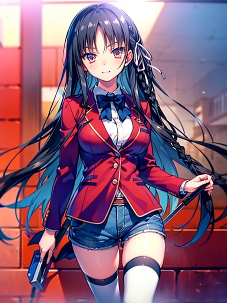 (8K, Highest quality, Highest quality, masterpiece), aasuzune, long hair, black hair, (single braid:1.2), hair ribbon, red jacket, blazer, blue bowtie, long sleeves, black thighhighs, smile, denim hot shorts, mini shorts, big breasts