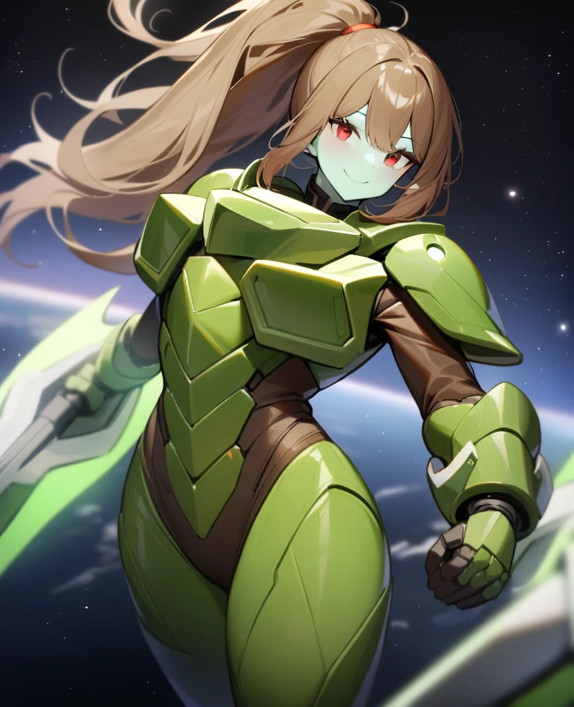 1girl,solo,red eyes,((brown hair:1.5)),green power armor,ponytail,((pale green skin)),green chest armor,cowboy shot,in space ship,zero gravity,Science fiction,ultra-detailed,sharp focus,aesthetic,(best quality) smiling, purple halberd, giant woman