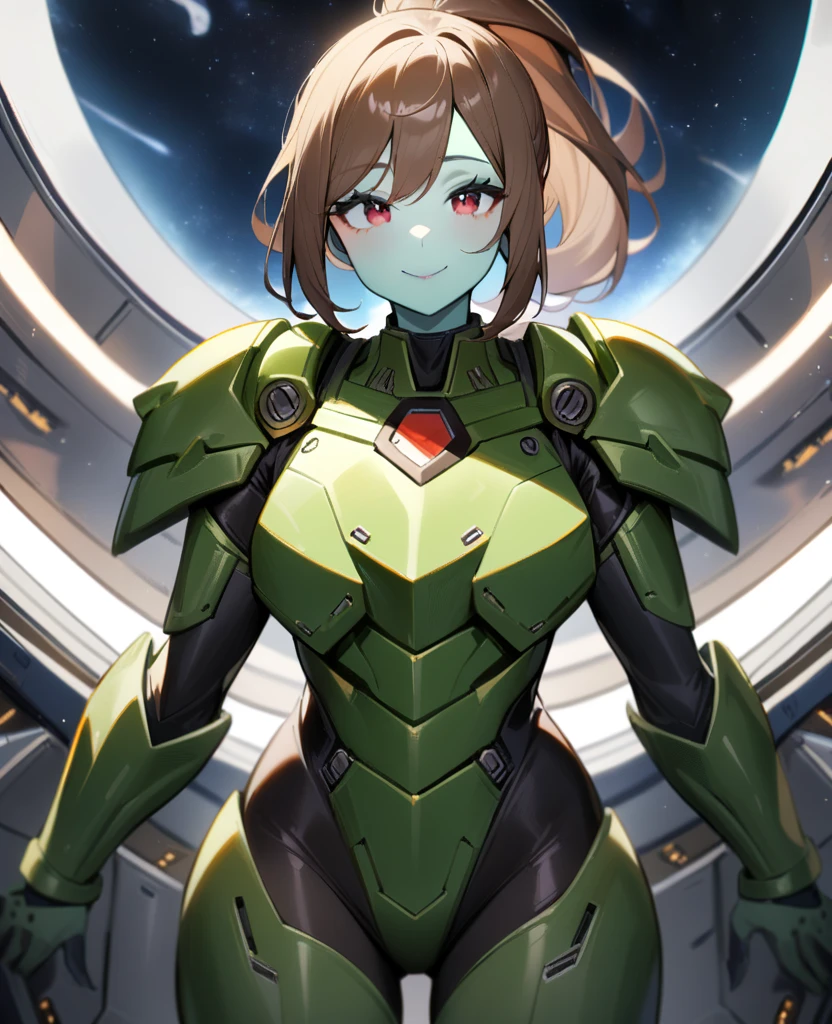 1girl,solo,red eyes,((brown hair:1.5)),green power armor,ponytail,((pale green skin)),green chest armor,cowboy shot,in space ship,zero gravity,Science fiction,ultra-detailed,sharp focus,aesthetic,(best quality) smiling, purple halberd, giant woman