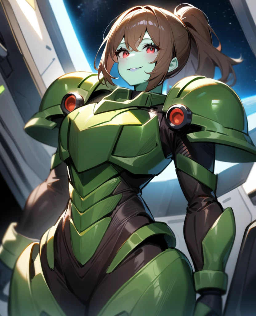1girl,solo,red eyes,((brown hair:1.5)),green power armor,ponytail,((pale green skin)),green chest armor,cowboy shot,in space ship,zero gravity,Science fiction,ultra-detailed,sharp focus,aesthetic,(best quality) smiling, purple halberd, giant woman