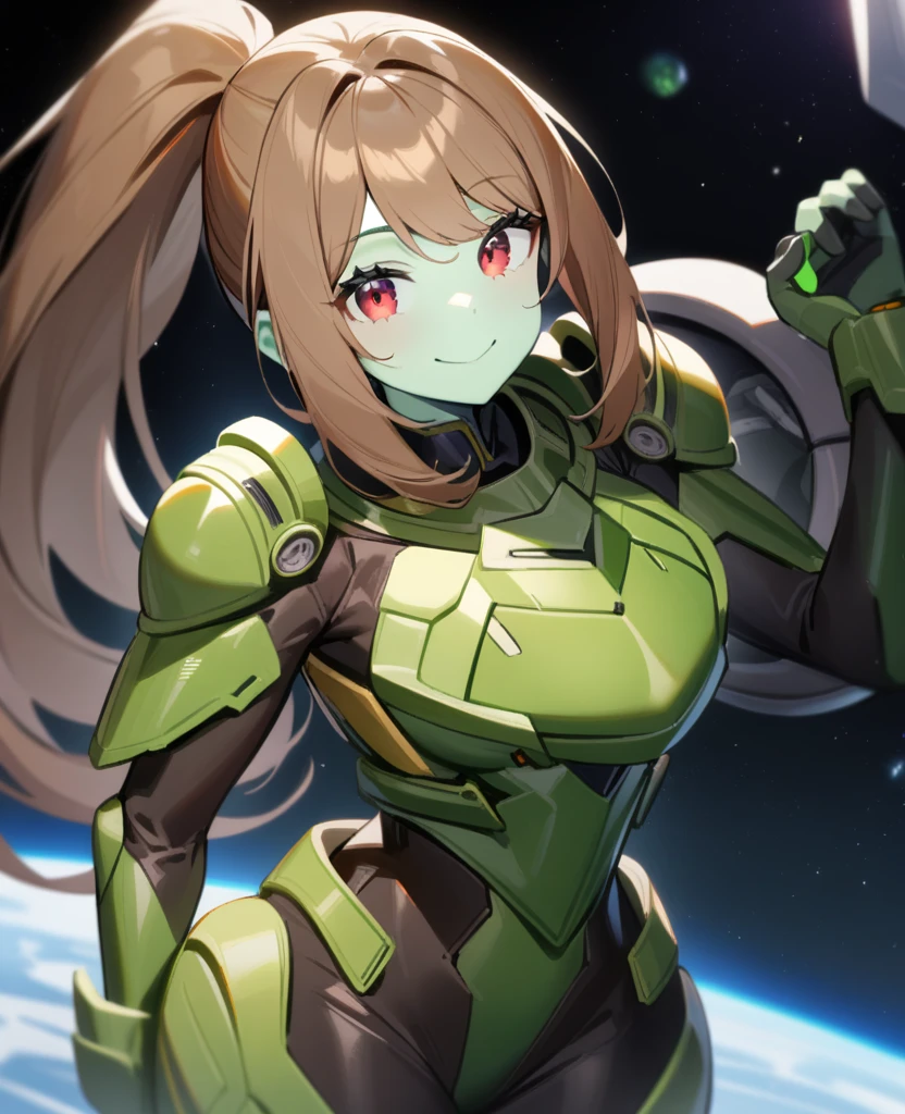 1girl,solo,red eyes,((brown hair:1.5)),green power armor,ponytail,((pale green skin)),green chest armor,cowboy shot,in space ship,zero gravity,Science fiction,ultra-detailed,sharp focus,aesthetic,(best quality) smiling, purple halberd, giant woman