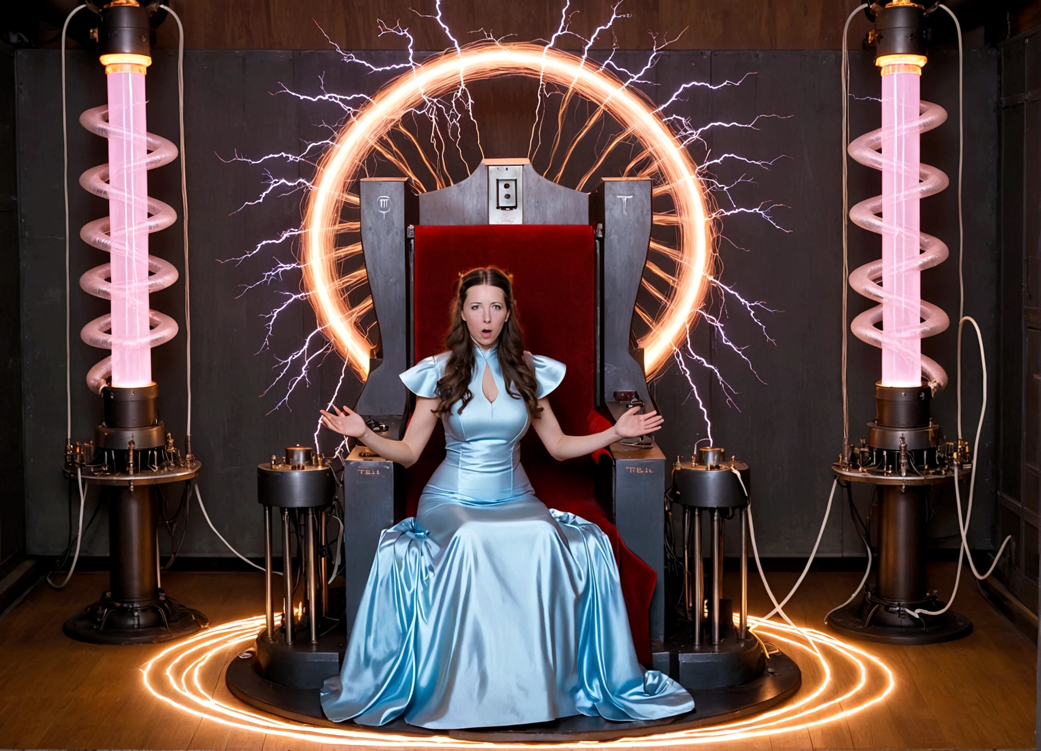 Tesla, 1900, has designed a throne of power (It has a Tesla coil on either side, electricity dances through the lab and across the coils), a lovely woman in an intricate dress sits on the throne and looks worried (her hair is electrified and standing straight out)