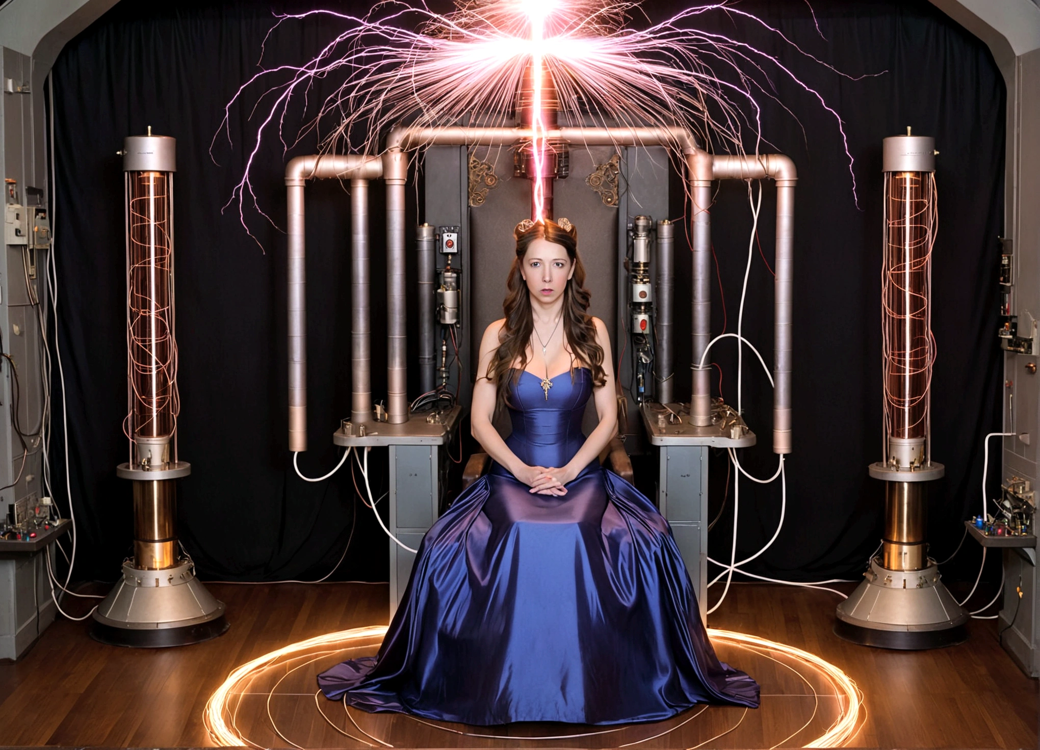 Tesla, 1900, has designed a throne of power (It has a Tesla coil on either side, electricity dances through the lab and across the coils), a lovely woman in an intricate dress sits on the throne and looks worried (her hair is electrified and standing straight out)