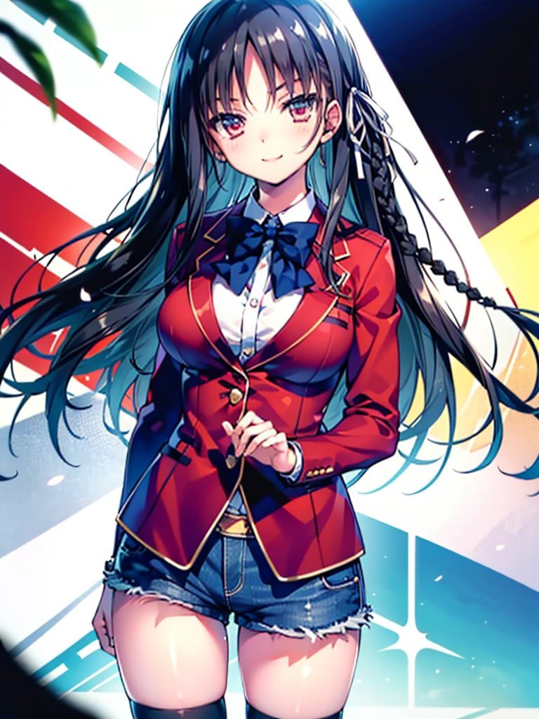 (8K, Highest quality, Highest quality, masterpiece), aasuzune, long hair, black hair, (single braid:1.2), hair ribbon, red jacket, blazer, blue bowtie, long sleeves, black thighhighs, smile, denim hot shorts, mini shorts, big breasts