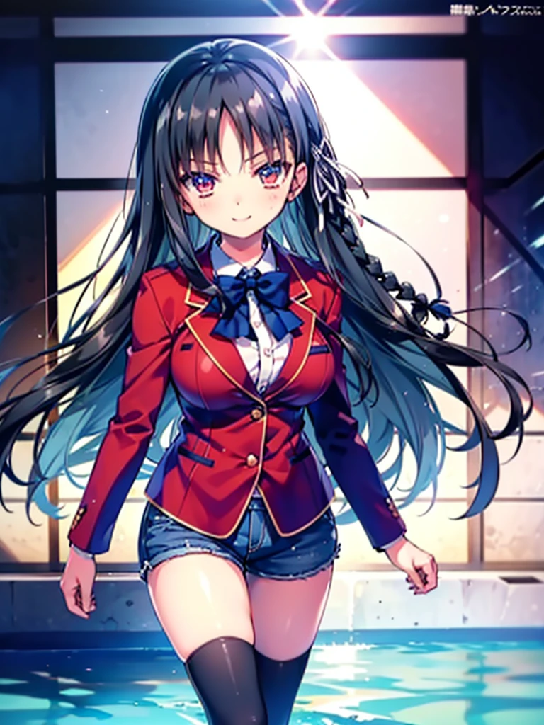 (8K, Highest quality, Highest quality, masterpiece), aasuzune, long hair, black hair, (single braid:1.2), hair ribbon, red jacket, blazer, blue bowtie, long sleeves, black thighhighs, smile, denim hot shorts, mini shorts, big breasts