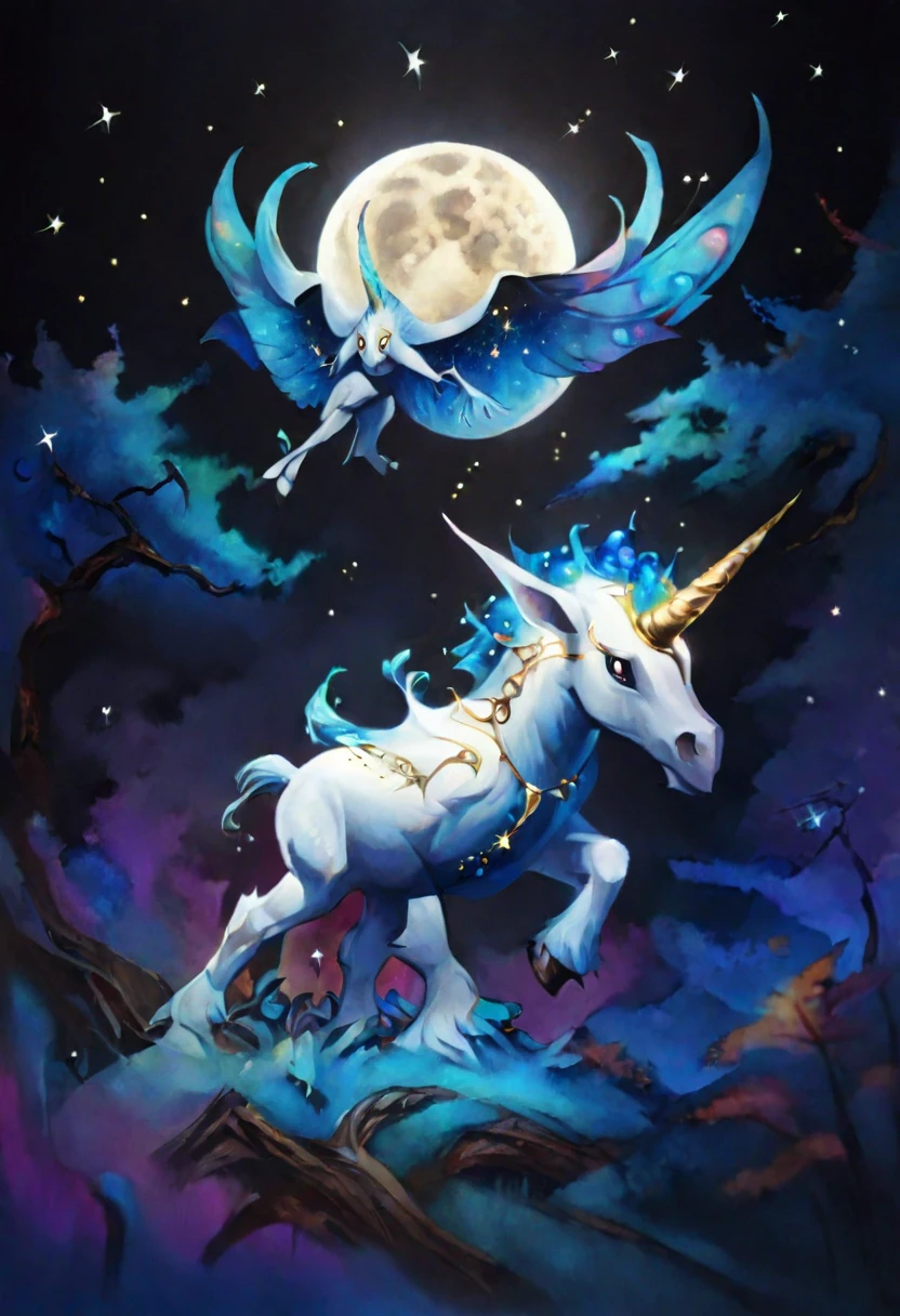 a surreal landscape composed of a starry sky full of bright constellations and a giant moon that illuminates an enchanted forest. In the woods, Twisted, iridescently colored trees intertwine with luminous vines that glow in the dark. Magical creatures like dancing fairies, majestic unicorns and winged dragons move through the trees, creating an atmosphere of magic and mystery. The scene is imbued with a sense of calm and wonder, inviting the viewer to immerse themselves in a world of fantasy and wonder.