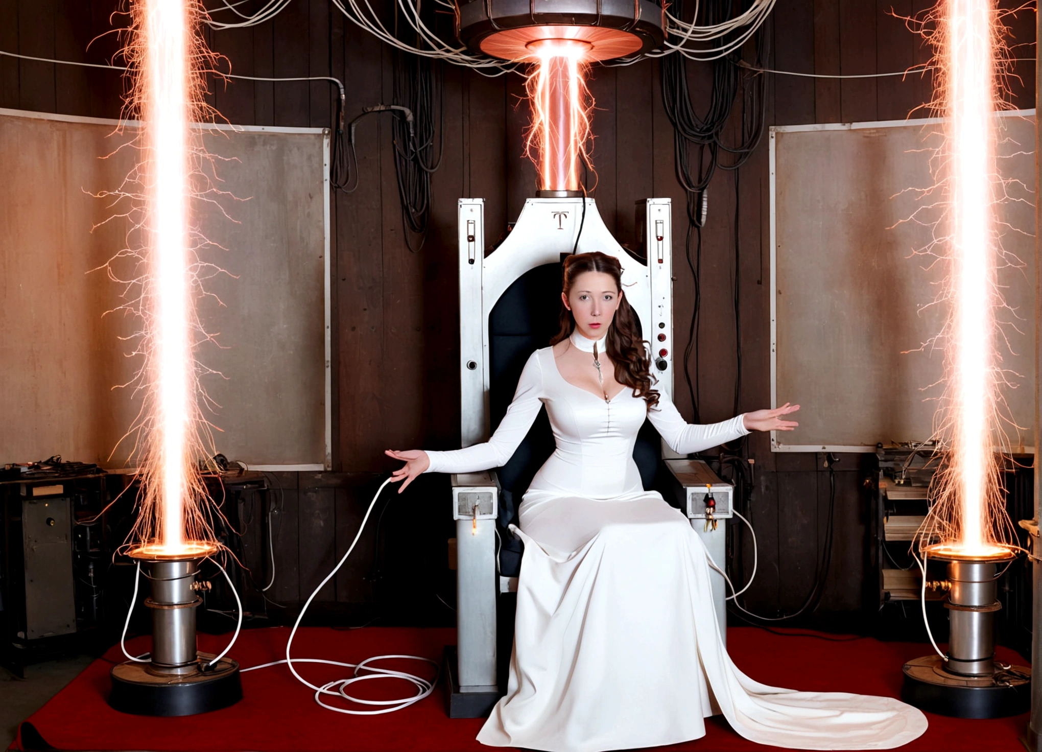 Tesla, 1900, has designed a throne of power (It has a Tesla coil on either side, electricity dances through the lab and across the coils), a lovely woman in an intricate dress sits on the throne and looks worried (her hair is electrified and standing straight out)