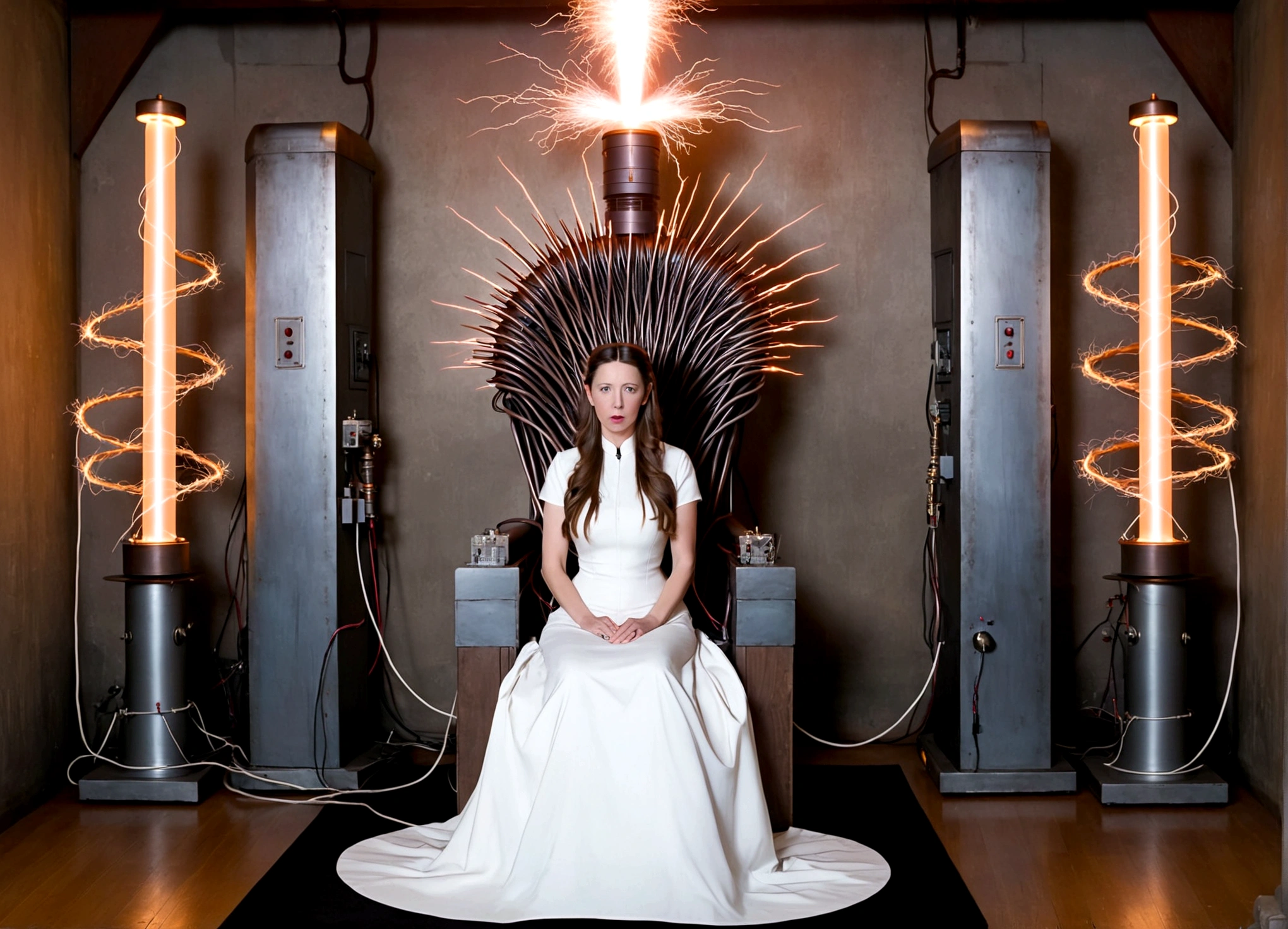 Tesla, 1900, has designed a throne of power (It has a Tesla coil on either side, electricity dances through the lab and across the coils), a lovely woman in an intricate dress sits on the throne and looks worried (her hair is electrified and standing straight out)

