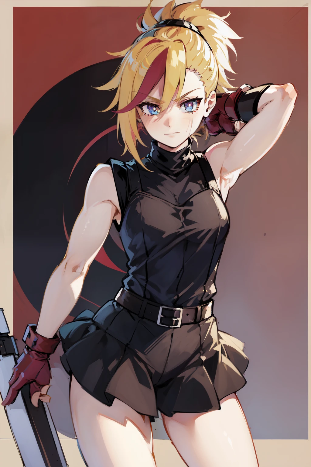 (masterpiece, best quality:1.2), red  glowing eyes, perfect face, highres, 1 girl, solo, ultra long ponytail, (female:1.5), strife, blonde hair, shoulder armor, sleeveless turtleneck, suspenders, belt, gloves, bracer, evil smile, standing, portrait, looking at viewer, giant sword on the back