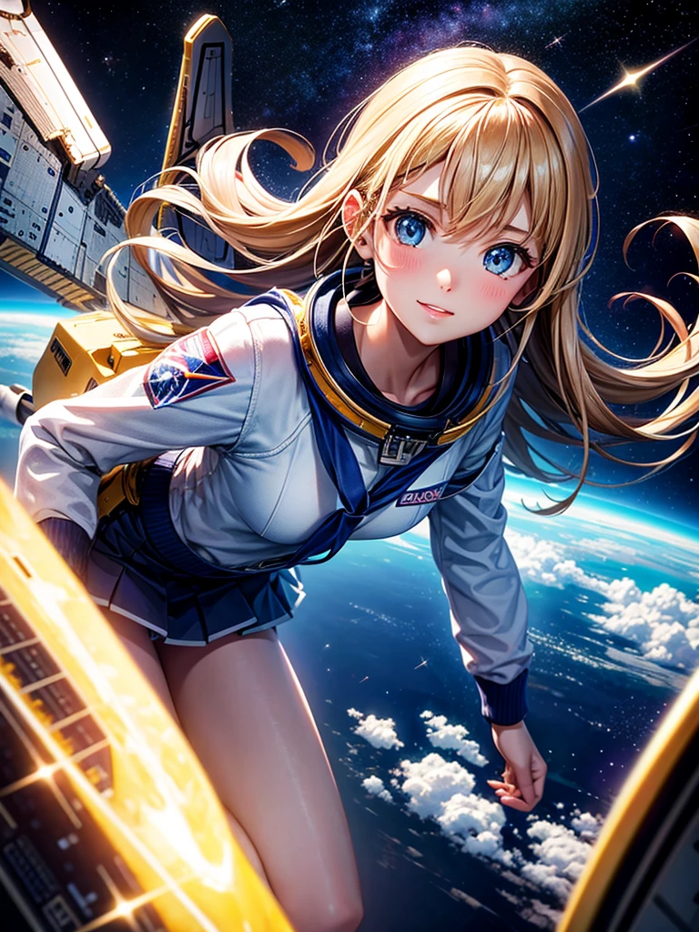 Highest quality,Highest Resolution,High school girl flying in space,Earth in the background,space shuttle,