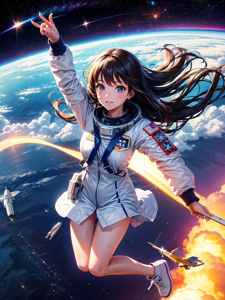 Highest quality,Highest Resolution,High  girl flying in space,Earth in the background,space shuttle,