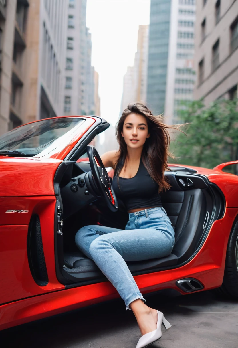 girl driving a red sports car in a big city, high quality