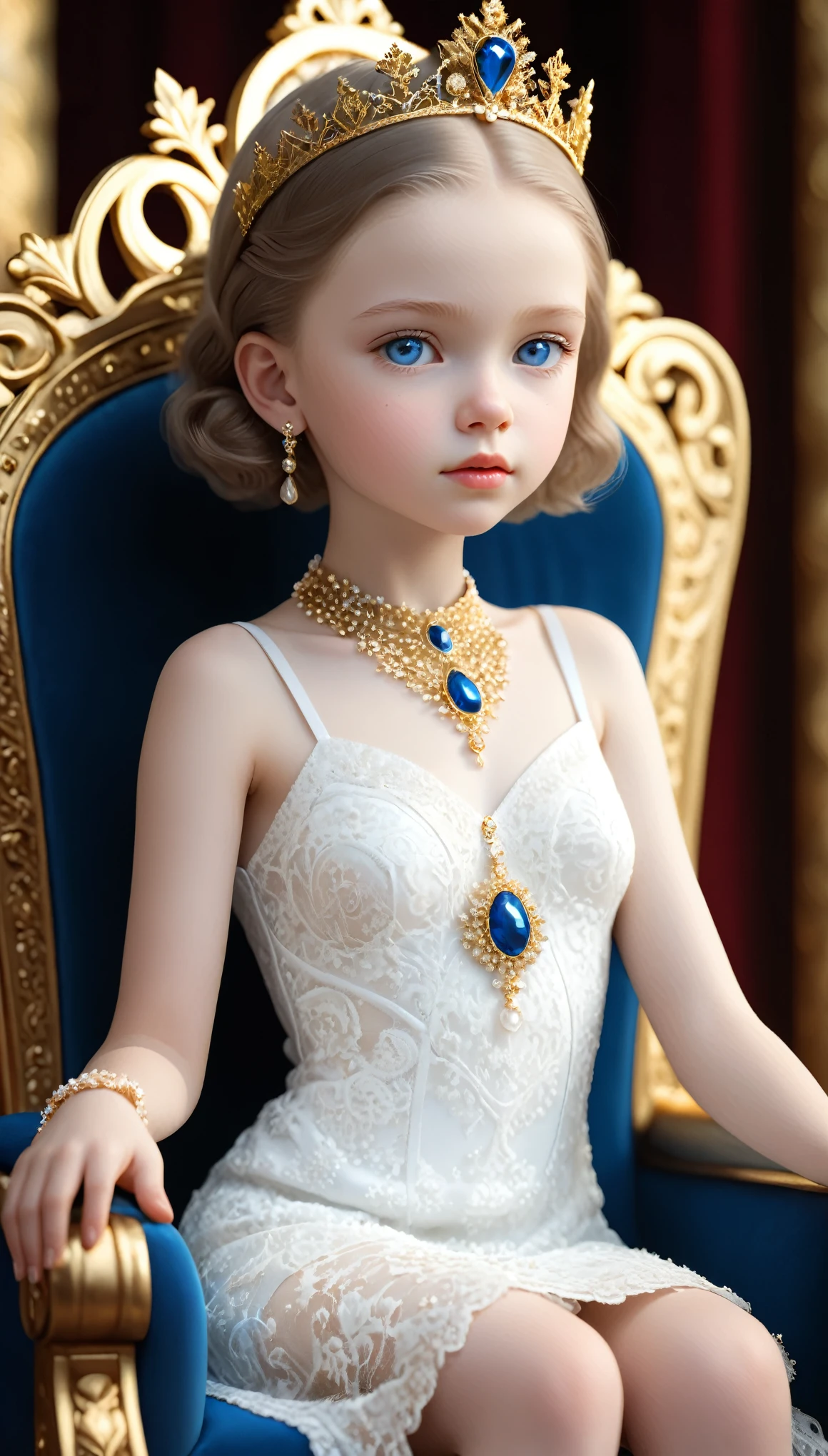 ((Bokeh:1.5)),((Soft focus:1.5)),, The Childlike queen, sitting on the majestic throne, highly detailed majestic throne, stunning beautiful young albino girl,************, alabaster skin, very short brown hair,((Slicked back hair)),(head chain with jewelry stone),((viewed from side:1.2)), (looking at viewer:1.5), white royal dress, Beautiful blue eyes, soft expression, Depth and Dimension in the Pupils, She wears white delicate fractal pattern lace dress, , creating a sense of movement and depth. ,3d toon style
