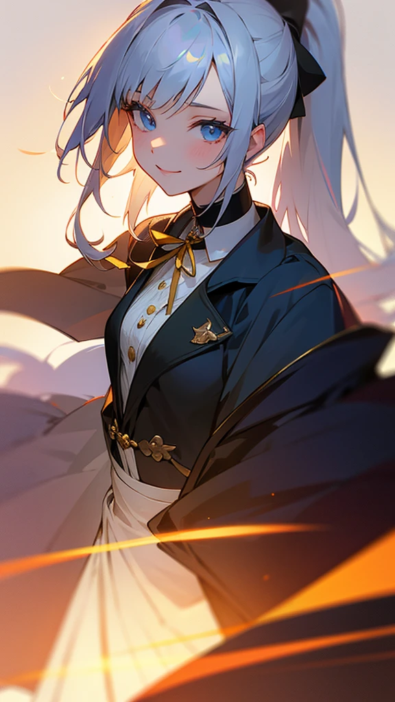 1 Girl、、Sharp focus、(Bokeh) (Highest quality) (Detailed skin:1.3) (Intricate details) (anime)、D cup breasts、Silver Hair、ponytail、blue eyes、Black coat、White shirt、Upper body close-up、small yellow ribbon around the neck、smile、smile、Park in the background、sunset、Soft lighting.