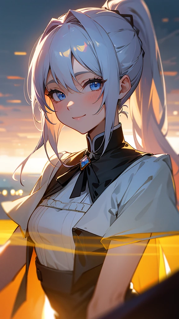 1 Girl、、Sharp focus、(Bokeh) (Highest quality) (Detailed skin:1.3) (Intricate details) (anime)、D cup breasts、Silver Hair、ponytail、blue eyes、Black coat、White shirt、Upper body close-up、small yellow ribbon around the neck、smile、smile、Park in the background、sunset、Soft lighting.