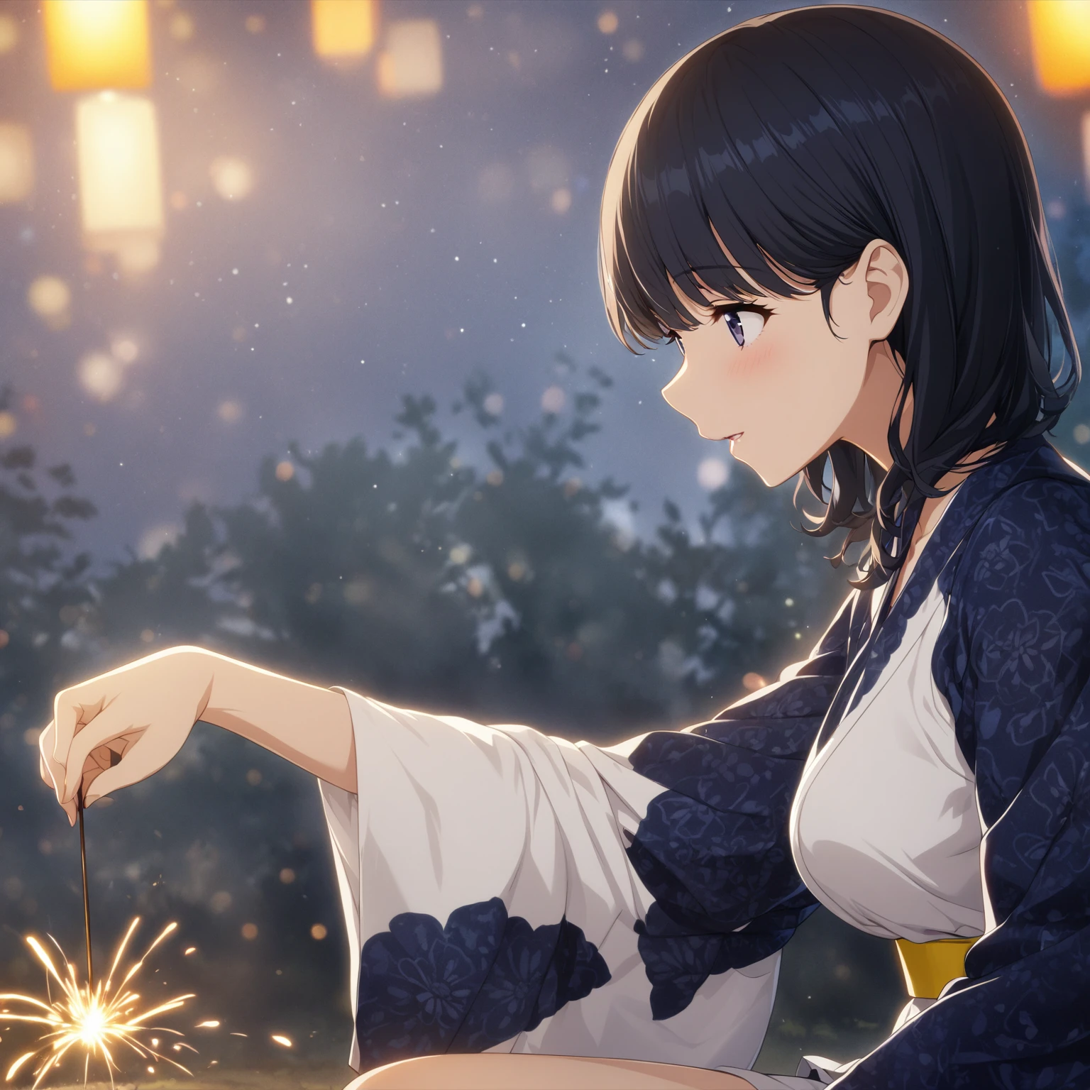 1girl、Black Hair、Indigo yukata、Yellow belt、squat、Sparkler、night、Illuminate the face、extremely detailed CG、high resolution