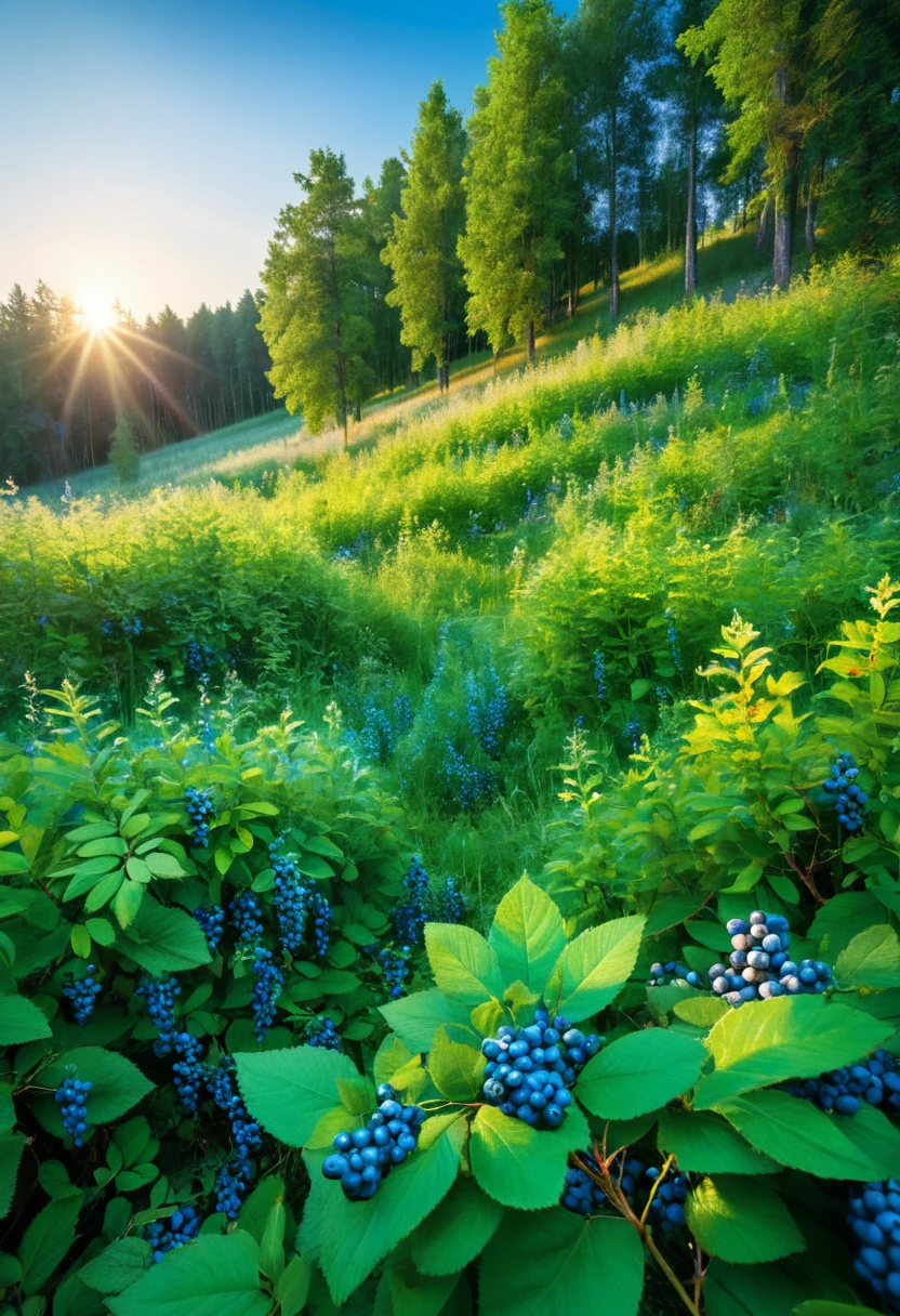 (8k digital nature photography:1.2),
(a summer landscape:1.1) with trees in the distance,
glowing blue clear berries
faetastic