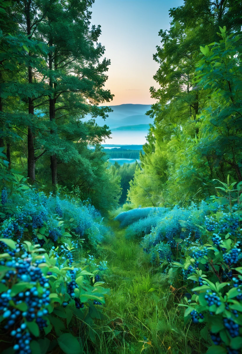(8k digital nature photography:1.2),
(a summer landscape:1.1) with trees in the distance,
glowing blue clear berries 
faetastic