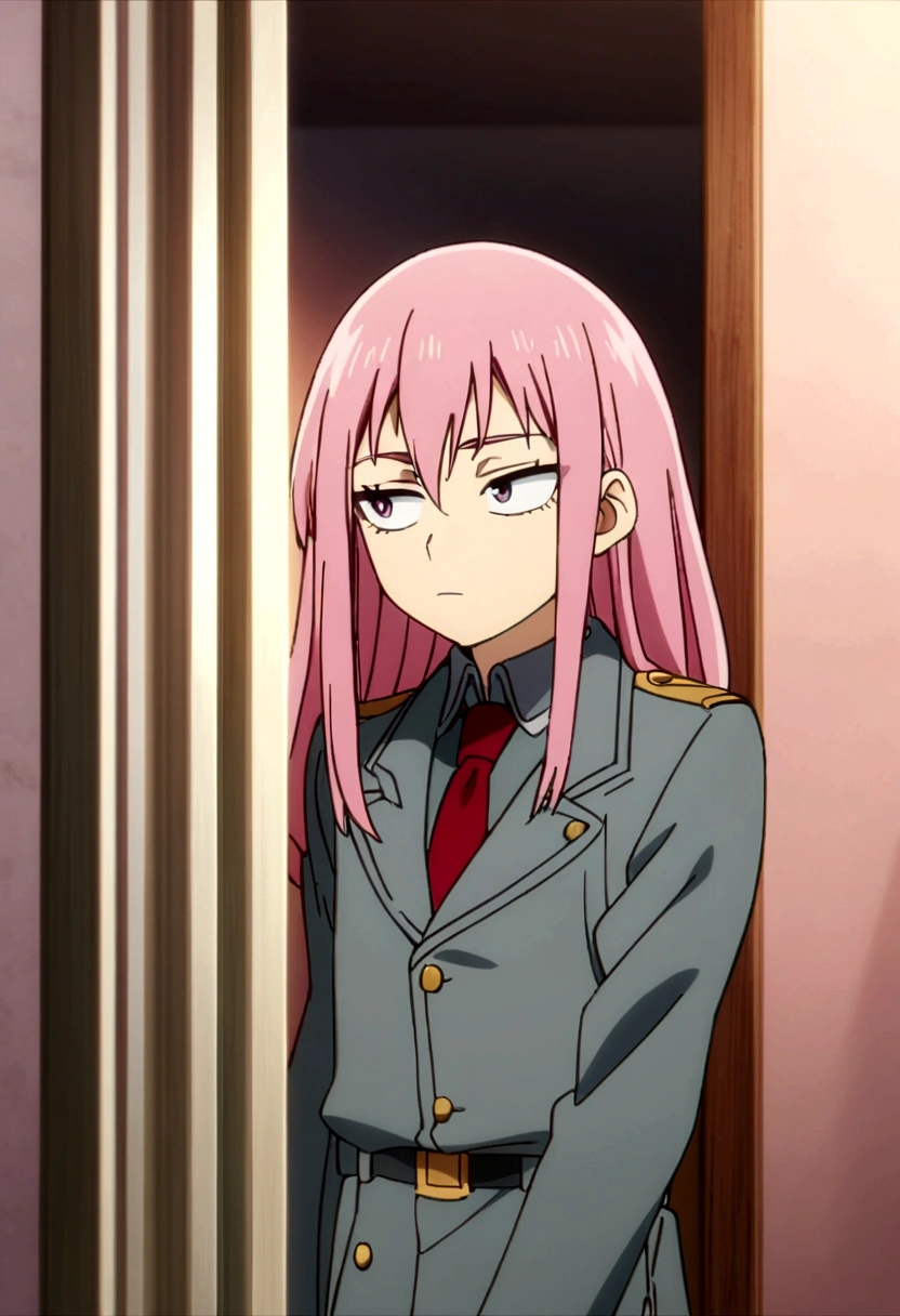 Anime screenshot Boku no hero academy, 15 year old boy,pale with black and pink hair, Medium long hair, smooth and a little messy, slanted eyes, dark pink color, nice eyelashes, confused expression, he wears a gray uniform, red tie leaning on a door, school hallway, evening light.