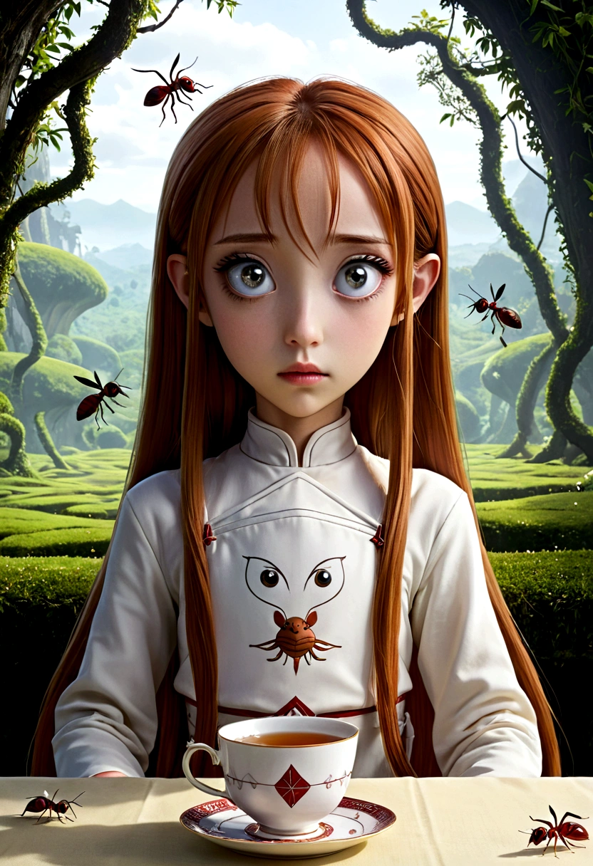 A young Asuna, With her enormous complacent eyes she looks very attentively at the ants that come out of the tea cups that have geometrically impossible shapes., everything as if it were a Tim Burton dream.