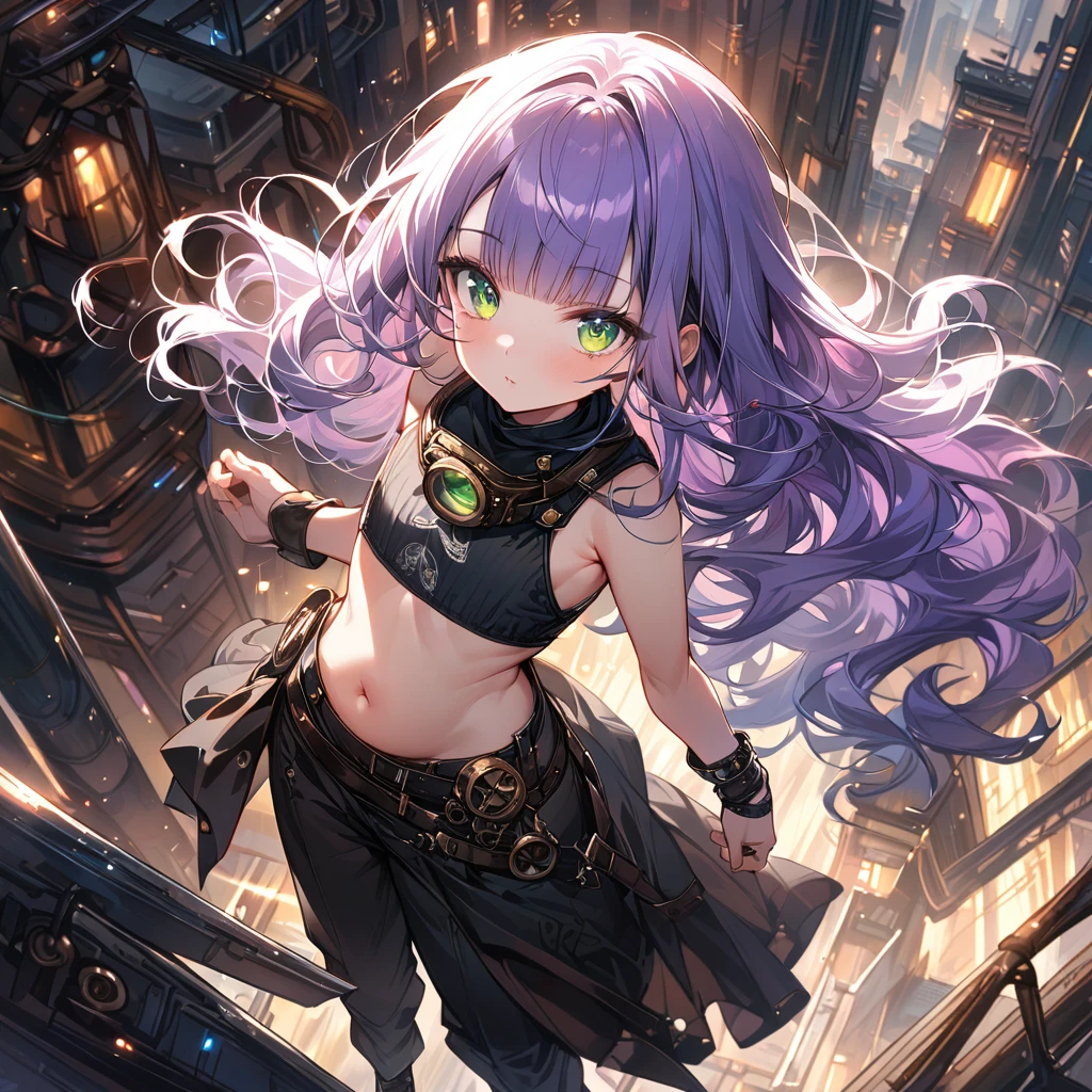 a masterpiece, beautiful eyes, a beautiful face, beautiful depiction, details, solid blue steampunk.Skyscrapers background, ultra detailed, 8K, pale-purple hair, a dynamic angle from above, wavy hair blowing in the wind, blunt bangs hair, black and green eyes, A black tank top showing her belly button,Steampunk goggles, wristbands, bib, black drawstring pants, black ballet shoes,  full body shot, flat chest, light coming from behind her, look at viewer, 