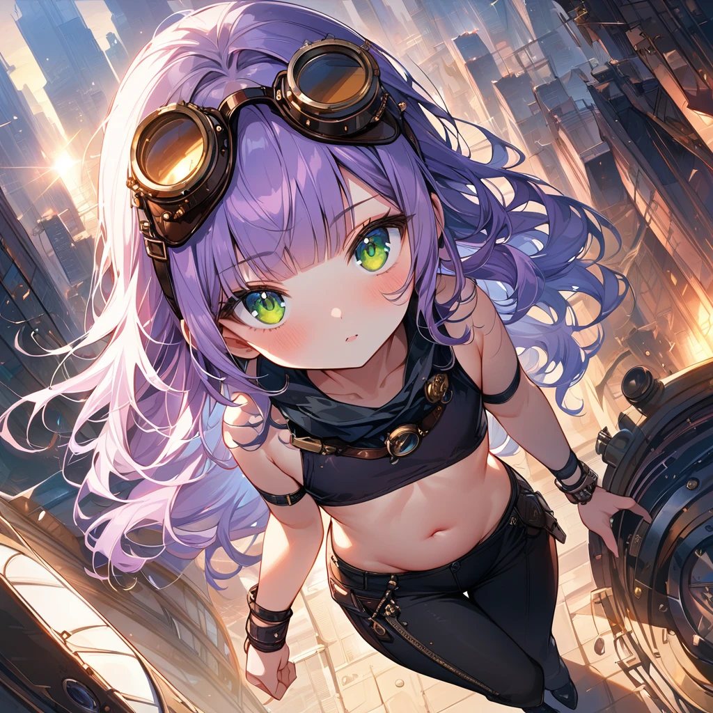 a masterpiece, beautiful eyes, a beautiful face, beautiful depiction, details, solid blue steampunk.Skyscrapers background, ultra detailed, 8K, pale-purple hair, a dynamic angle from above, wavy hair blowing in the wind, blunt bangs hair, black and green eyes, A black tank top showing her belly button,Steampunk goggles, wristbands, bib, black drawstring pants, black ballet shoes, full body shot, flat chest, light coming from behind her, look at viewer,