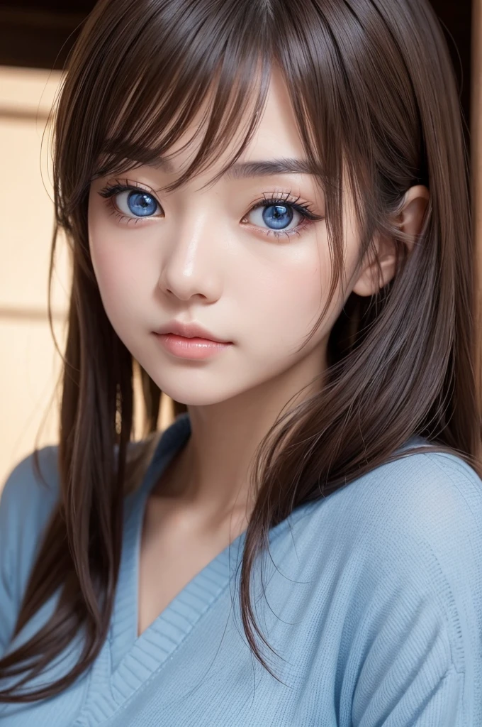 Woman, japanese, hair blue, light brown eyes, pretty, charming, enchanting 