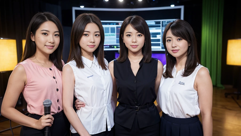 ((super high quality、High resolution、masterpiece、 Anatomically correct、Super detailed photos、Ultra-realistic photos、 Highest quality))、(3girls)、looking at viewer、studio lighting、(portrait))、(from front:1.2)、(big breast)、Small waist、Detailed face、Perfect figure、Three girls holding each other close、 ((Female announcer:1.2))、Television studio broadcasting the news、Cleavage、((news caster))、((sleeveless business shirt))、
