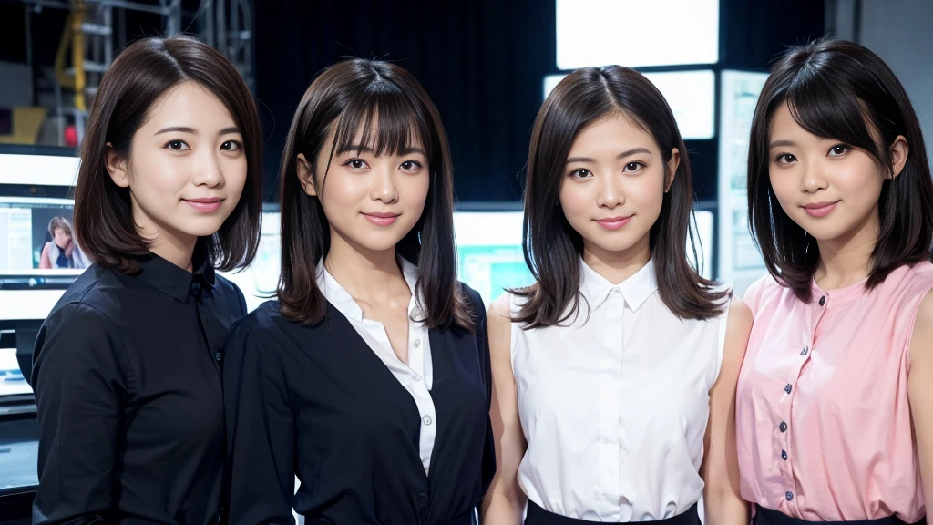 ((super high quality、High resolution、masterpiece、 Anatomically correct、Super detailed photos、Ultra-realistic photos、 Highest quality))、(3girls)、looking at viewer、studio lighting、(portrait))、(from front:1.2)、(big breast)、Small waist、Detailed face、Perfect figure、Three girls holding each other close、 ((Female announcer:1.2))、Television studio broadcasting the news、Cleavage、((news caster))、((sleeveless business shirt))、
