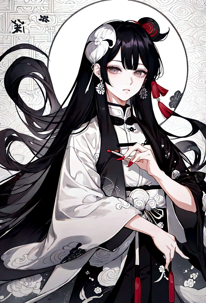 estilo kimetsu no yaiba , Women , long black and white hair, with a yin and yang suit