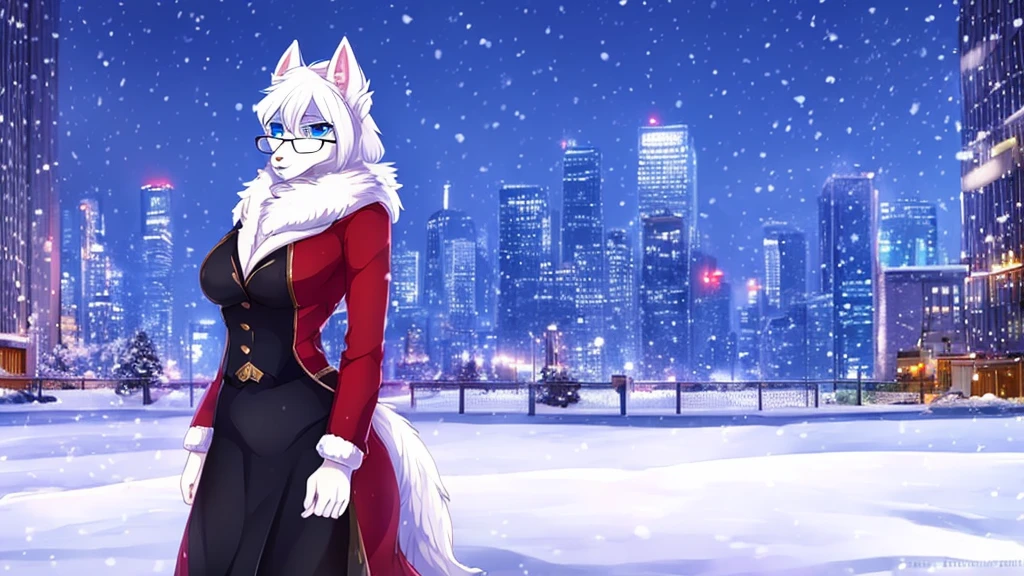 A russian female siberian husky, anthro, blue eyes, silky fluffy soft short white hair, round glasses, business outfit, mature adult, milf, standing, snowing, city, detailed, solo, beautiful, high quality, 4K