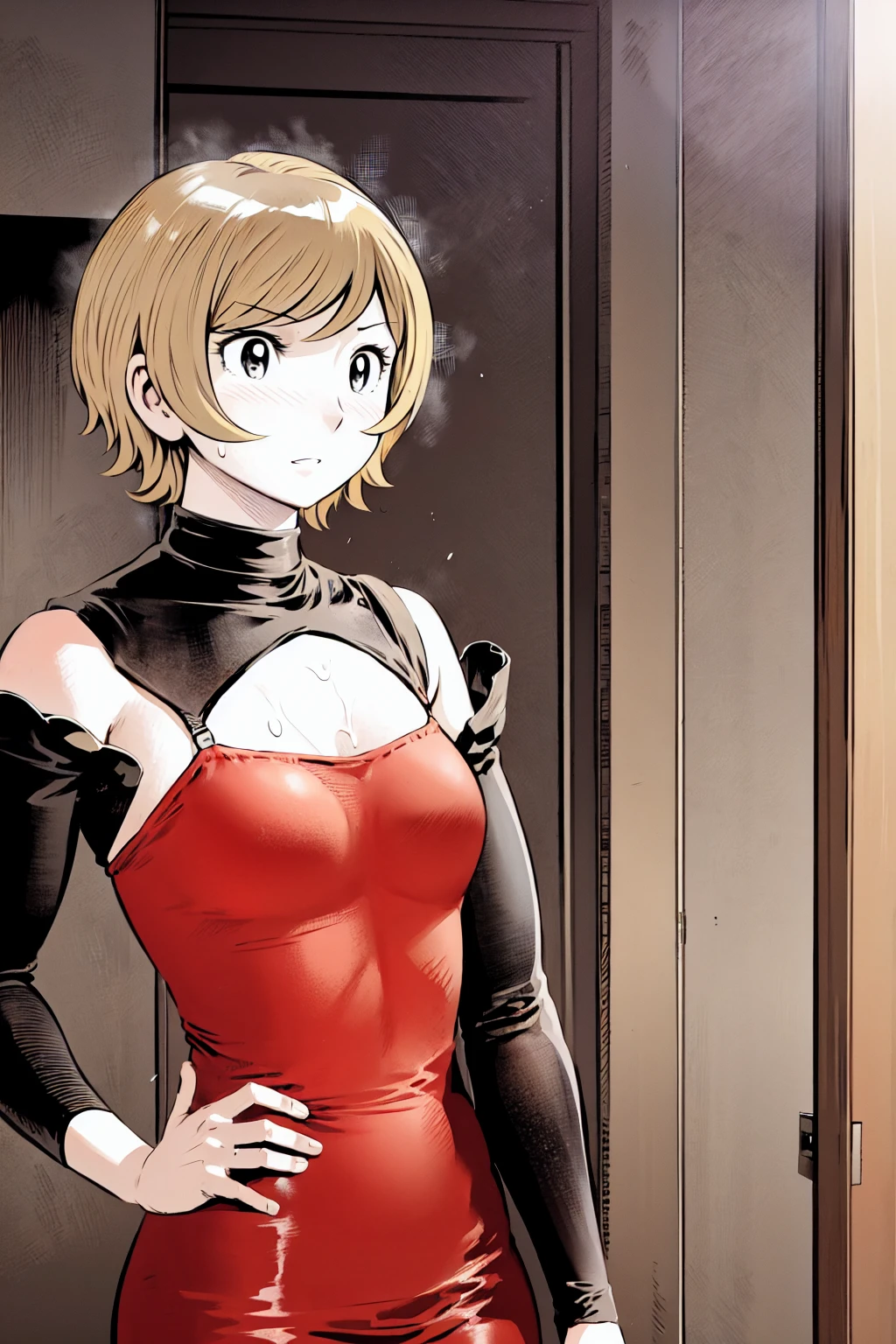 、(masterpiece、Highest quality)、Highest quality, Ultra-high resolution, (((masterpiece))), alone, Sweat、Big eyes, No sleeve、indoor、Floral dress、Composition from the front、(Cut the back hair short、short hair、blonde、woman)、Shortcuts、Embarrassed face、Cut your hair short、可愛いwomanの子、