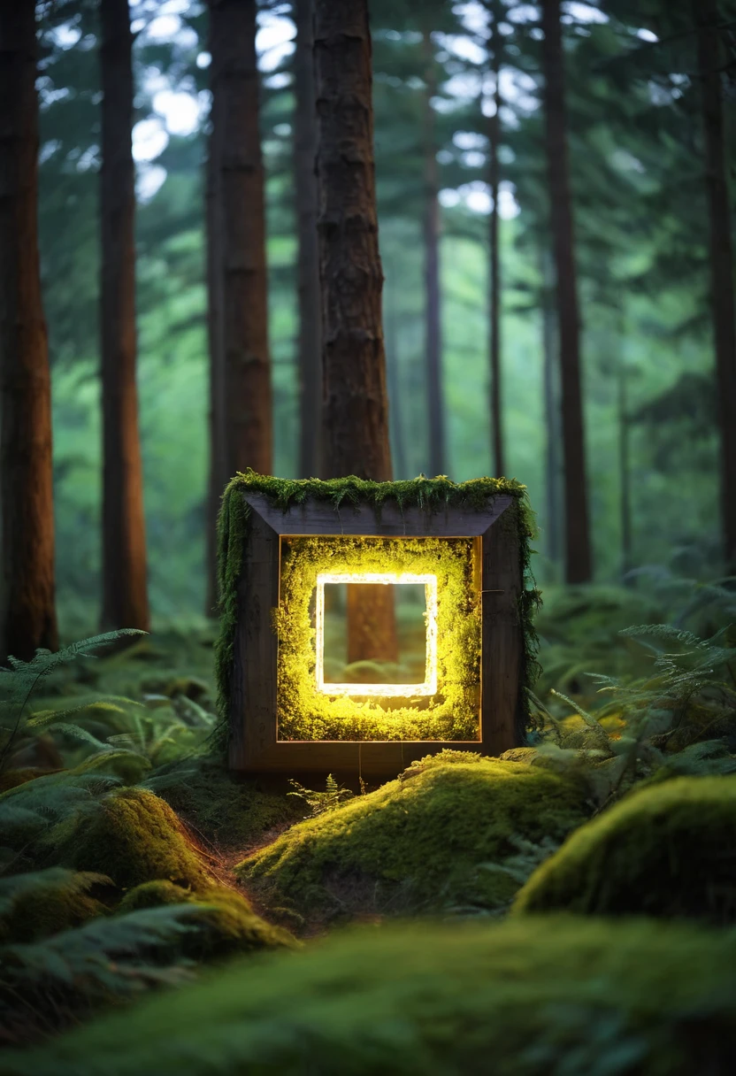 Glowing square shape in forest, depth of field