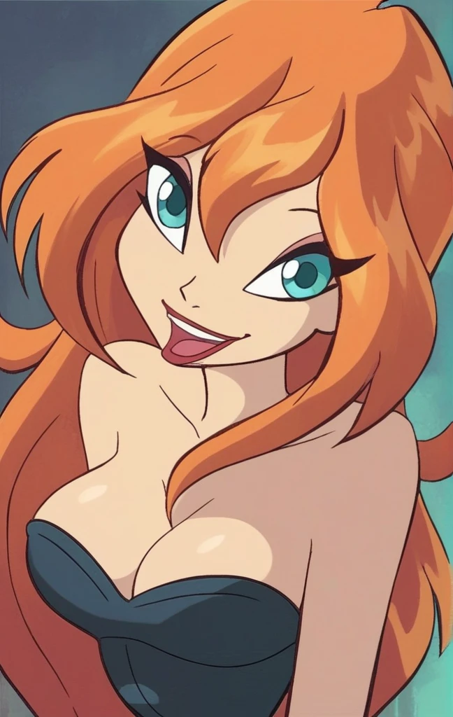 bl_oom, 1girl, ginger hair, blue eyes, looking at viewer, smiling, open mouth, black makeup, black corset, strapless, naked big Breasts, naked shoulders, simple background, portrait, head to stomach shot, (extreme detail 2.0), score_9, score_8_up, score_7_up,