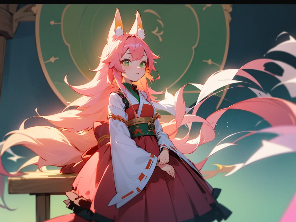 kitsune idol in a tavern, foxgirl, fox ears, fox tails, pink hair, green eyes, light blue idol dress, tavern background, high quality, masterpiece