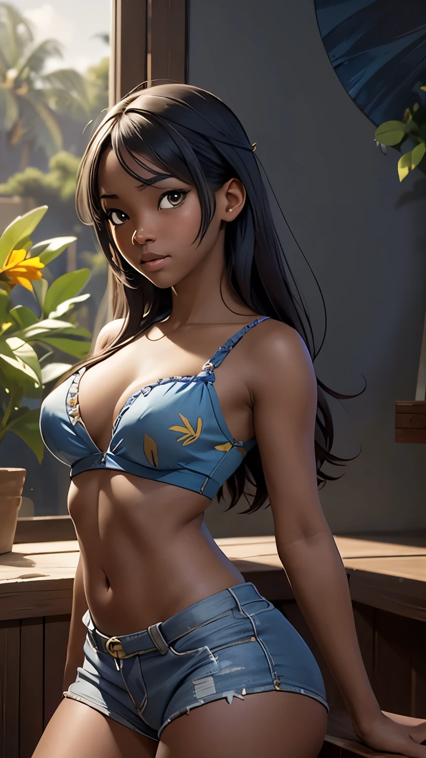 ((Solo Beautiful Carribean woman with dark skin and striking eyes)),  shadowed interior background, art by akihiko yoshida, manga art style, colorfield illustration, scary atmosphere, global illumination, by frank frazetta, art by goro fujita, glamor shot, banner, blur, anime key visual, (blue, yellow and gray colors), photorealistic dramatic anime girl, intricately detailed, chiaroscuro, pino daeni, impressionist (best quality, masterpiece)