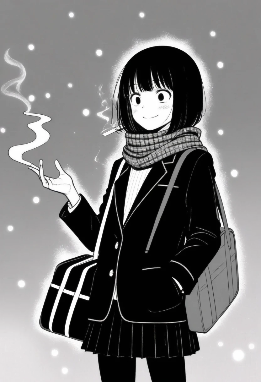 masterpiece, best quality, 1girl, mamerakkkkko, grayscale, manga style, Japanese, chi no wadachi, black eyes, street, iced, black hair, schoolbag, smile, lineart, black coat, black scarf, black pleated skirt, leggings, centered, 18 years old, tall, fair skinned, bokeh background,, bob cut, light particles, centered, snowing, (((smoking, perfect hand, detailed hand:1.1)), emotional anime scene
