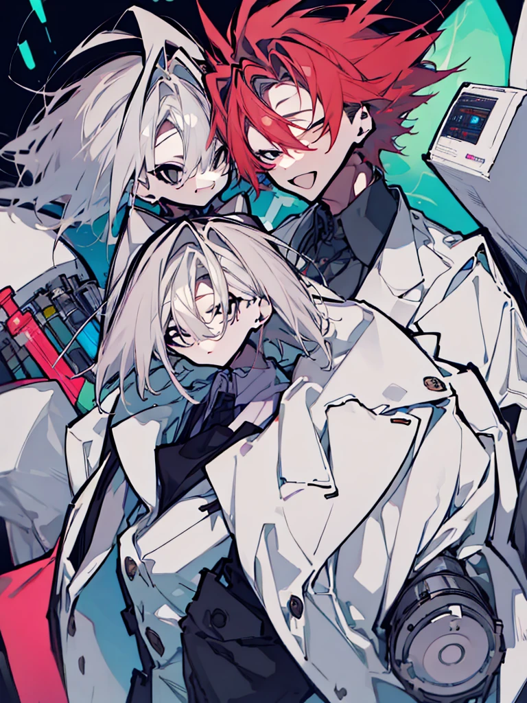 The mad scientist stands confidently with a manic grin, holding a test tube, while the playful and caring girl leans casually against him, smiling with amused affection. They are surrounded by scientific equipment, highlighting their shared hobby of learning. Both character has short and fluffy hair.