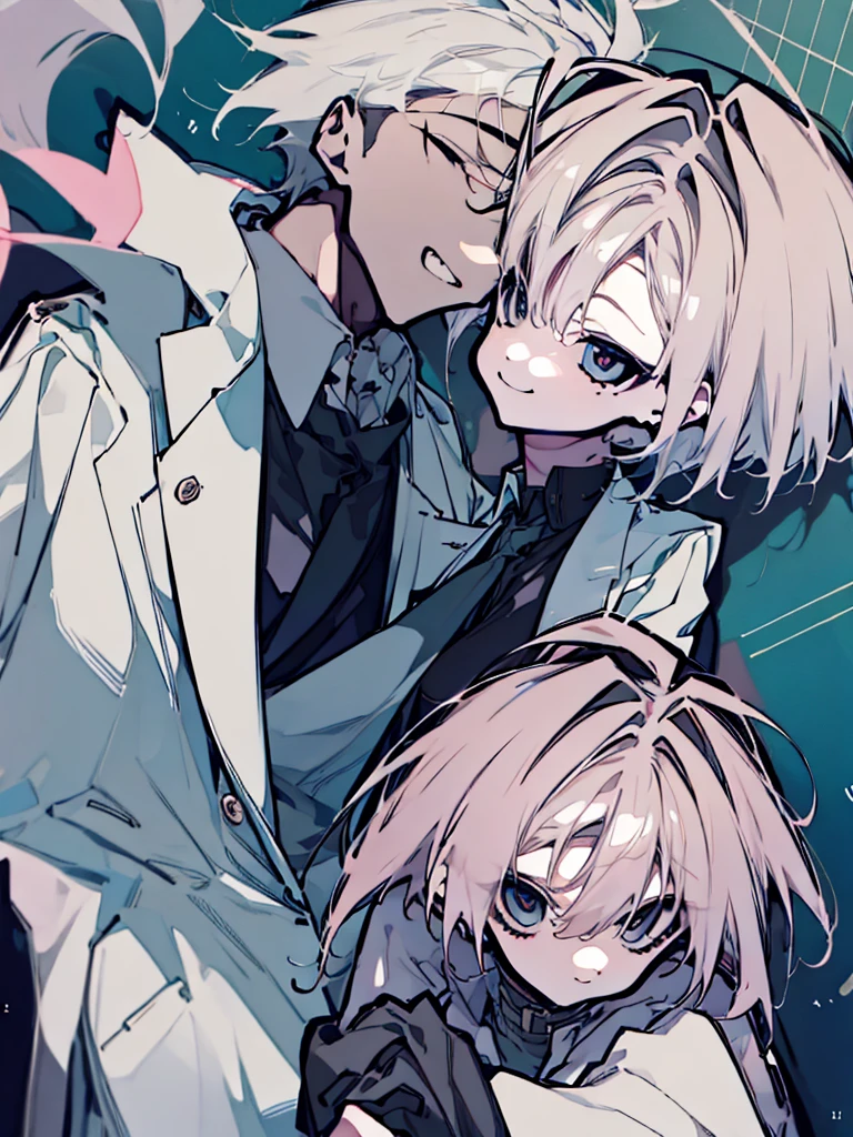 The mad scientist stands confidently with a manic grin, holding a test tube, while the playful and caring girl leans casually against him, smiling with amused affection. They are surrounded by scientific equipment, highlighting their shared hobby of learning. Both character has short and fluffy hair.